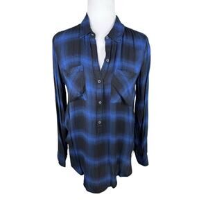 Lucky Brand Women's Blue Plaid Long Sleeve 1/2 Button Pocket Shirt